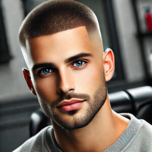 "A haircuts for men is a  buzz cut with a skin fade. The hair on top is cut very short and evenly, giving a clean, minimalist look. The sides and back feature a skin fade, gradually tapering from no hair at the bottom to blend seamlessly with the short length on top. The sharp contrast between the shaved sides and the buzzed top adds a modern, sleek appearance to this low-maintenance style."