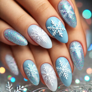 A close-up of almond-shaped nails with a snowy winter wonderland design. The nails feature a sleek white base with intricate silver snowflakes and subtle silver glitter, creating a frosty, elegant look. The soft, blurred background adds to the wintery atmosphere, evoking a peaceful, snow-covered landscape. The design is chic and festive, perfect for the winter season.