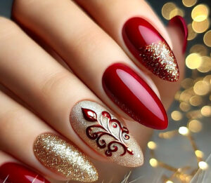 A close-up of almond-shaped nails with a classic holiday design. The nails are painted a glossy red with accent nails featuring gold glitter. The red and gold combination creates a festive and elegant look, perfect for the holiday season. The background is softly blurred to keep the focus on the nails, emphasizing their chic and timeless style.