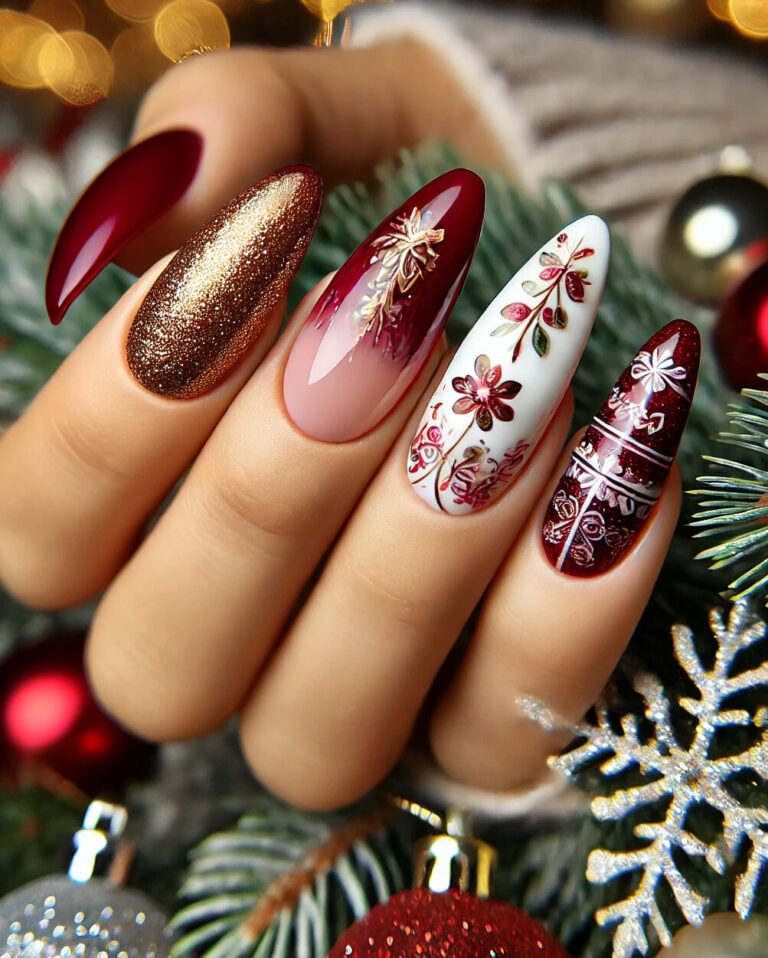 A close-up of chic, almond-shaped nails with a Christmas theme. The nails feature festive designs, including a glossy deep red with golden glitter accents and a white base with delicate snowflake patterns and silver glitter. The background is softly blurred, showcasing Christmas decorations such as pine branches, glowing string lights, and ornaments in gold, red, and green, enhancing the holiday atmosphere.