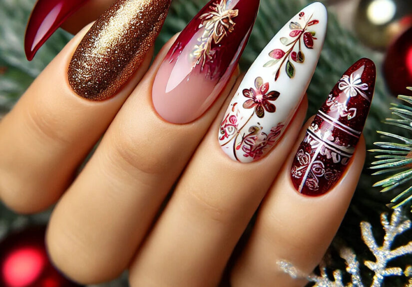 A close-up of chic, almond-shaped nails with a Christmas theme. The nails feature festive designs, including a glossy deep red with golden glitter accents and a white base with delicate snowflake patterns and silver glitter. The background is softly blurred, showcasing Christmas decorations such as pine branches, glowing string lights, and ornaments in gold, red, and green, enhancing the holiday atmosphere.