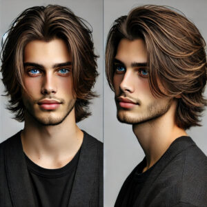 "A men's curtain haircut is in a list of haircuts for men featuring medium-length hair parted down the middle, creating soft, flowing curtains on either side of the face. The hair has a smooth texture, with the longer strands framing the face and slightly tapering towards the chin. The style gives a relaxed and retro-inspired look, with natural movement and volume on top, while the part adds structure and symmetry."