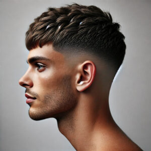  "A men's French crop haircuts for men featuring short, textured hair on top with a blunt fringe across the forehead. The sides and back are cut shorter, often faded or tapered, creating a clean, structured look. The top is slightly tousled with a choppy texture, giving it a relaxed, low-maintenance vibe, while the defined fringe adds a sharp, modern edge to the style."