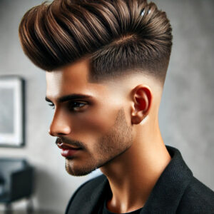 "A men's high fade with a pompadour haircuts for men. The sides are shaved close with a high fade, starting high on the head and tapering down to the skin. The top features a voluminous pompadour, with hair styled upward and backward, creating height and fullness. The sharp contrast between the high fade and the dramatic, slicked-back pompadour gives the look a bold, retro-inspired yet modern feel."