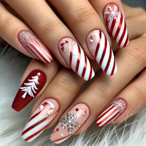 A christmas nail design featuring classic red and white stripes, inspired by the look of candy canes. The nails are sleek and glossy, with alternating bold red and crisp white stripes that create a fun and cheerful holiday vibe. The design is simple yet eye-catching, perfect for adding a seasonal touch to your look.