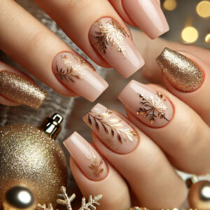 A minimalist Christmas nail design featuring a nude base with delicate gold accents. The neutral background provides an elegant canvas, while the subtle gold details, like a tiny star or small dots, add a festive yet refined touch. The gold accents capture the warmth and sparkle of the holiday season, giving the nails a sophisticated holiday feel perfect for those who prefer a more understated look.