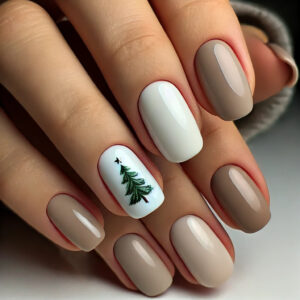 "Minimalist Christmas nails featuring a geometric tree shape painted in soft pastel green on an accent nail, complemented by a small gold star at the top. The other nails are painted in neutral shades of beige and grey, creating a subtle and elegant holiday look."