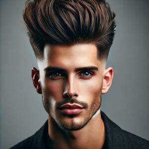 "A men's quiff hairstyle with a fade is in a trending haircuts for men. The top features voluminous, swept-back hair with thick texture, styled upward and away from the forehead for a bold, structured look. The sides and back have a gradual fade, starting with short hair near the ears and blending smoothly into the longer top. The contrast between the textured quiff and the clean fade gives the hairstyle a sharp, modern appearance."