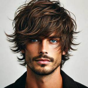 "A men's shaggy haircuts for men characterized by medium-length, layered hair that has a tousled, messy appearance. The hair features uneven layers throughout, creating volume and texture, with longer strands framing the face. The style has a relaxed and carefree vibe, showcasing a natural movement and a slightly disheveled look that is both stylish and casual." 