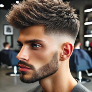 "A haircuts for men featuring a textured crop with a fade. The sides are closely faded, blending seamlessly into the longer hair on top. The top has a short, choppy texture, giving a rugged and modern look. The hairstyle has a matte finish, with thick strands styled forward, creating a slightly messy but controlled appearance. The fade on the sides adds sharpness to the overall clean, edgy style."