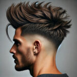 "A men's hairstyle featuring an undercut with a textured top. The sides are closely shaved, creating a stark contrast with the longer hair on top, which is styled with thick, textured strands for a voluminous appearance. The top is slightly messy, adding an edgy, modern vibe to the overall look. The hairstyle combines a clean, sharp undercut with dynamic movement in the textured hair, making it a stylish choice."