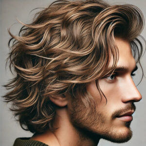 "A men's wavy flow haircuts for men featuring medium to long, naturally wavy hair that flows loosely around the head. The hair has a relaxed, tousled texture with soft waves, giving it a casual, effortless vibe. The length allows the waves to fall freely, creating movement and volume. The style has a laid-back, surfer-inspired look, with the wavy strands framing the face and adding a sense of natural flow." 