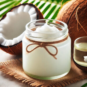 A glass jar filled with creamy white coconut oil is placed on a surface, surrounded by fresh coconut halves and green palm leaves. The background is softly blurred, enhancing the fresh, tropical feel of the scene.