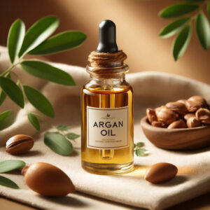 Close-up image of a small glass bottle of argan oil with a dropper lid, labeled "Argan Oil." The bottle is placed on a warm-toned background, surrounded by argan nuts, green leaves, and a soft beige cloth, creating a luxurious, natural setting that emphasizes purity and organic skincare.