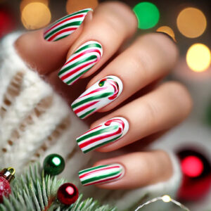 Festive holiday nail art featuring a white base coat with alternating red and green candy cane stripes. The well-manicured nails display clean, vibrant lines, creating a playful and joyful look. The background is softly blurred, emphasizing the bright and cheerful design, perfect for the holiday season.