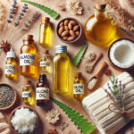 Flat-lay image of natural oils for winter itchy skin relief, featuring small glass and ceramic bottles of coconut, almond, jojoba, olive, and mustard oils labeled clearly. The oils are arranged on a soft, warm background alongside natural elements like fresh aloe vera leaves, sprigs of lavender, and a cozy knitted scarf, creating a soothing, natural aesthetic ideal for winter skincare.