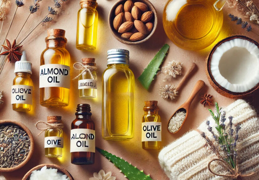 Flat-lay image of natural oils for winter itchy skin relief, featuring small glass and ceramic bottles of coconut, almond, jojoba, olive, and mustard oils labeled clearly. The oils are arranged on a soft, warm background alongside natural elements like fresh aloe vera leaves, sprigs of lavender, and a cozy knitted scarf, creating a soothing, natural aesthetic ideal for winter skincare.