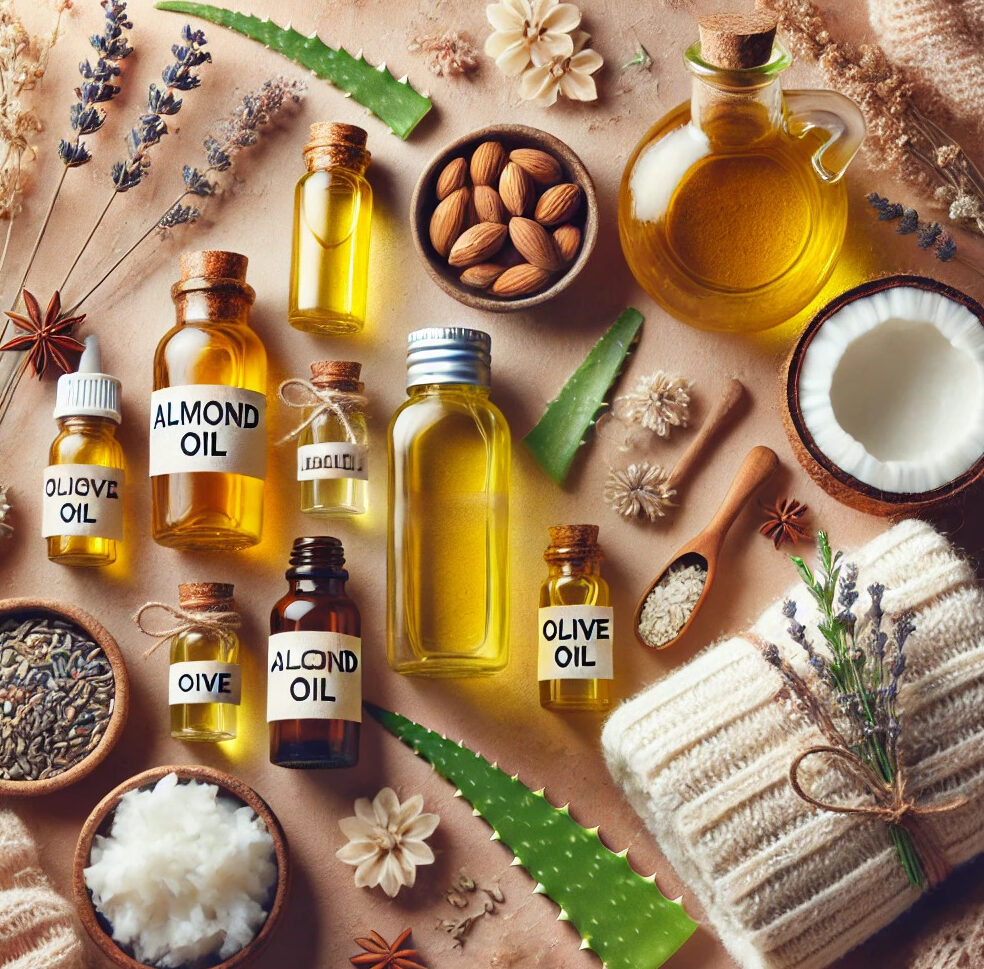 Flat-lay image of natural oils for winter itchy skin relief, featuring small glass and ceramic bottles of coconut, almond, jojoba, olive, and mustard oils labeled clearly. The oils are arranged on a soft, warm background alongside natural elements like fresh aloe vera leaves, sprigs of lavender, and a cozy knitted scarf, creating a soothing, natural aesthetic ideal for winter skincare.