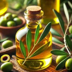 A glass bottle filled with golden-green olive oil sits on a surface surrounded by fresh olives, olive branches, and green leaves. The background is softly blurred, highlighting the rich color and natural Mediterranean theme of the composition.